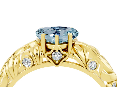Yellow gold Heart Cut Solitaire Aquamarine Leaf-Inspired Vine Band Ring with Prong Setting_4