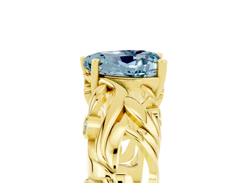 Yellow gold Heart Cut Solitaire Aquamarine Leaf-Inspired Vine Band Ring with Prong Setting_5