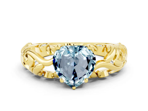 Yellow gold Heart Cut Solitaire Aquamarine Leaf-Inspired Vine Band Ring with Prong Setting