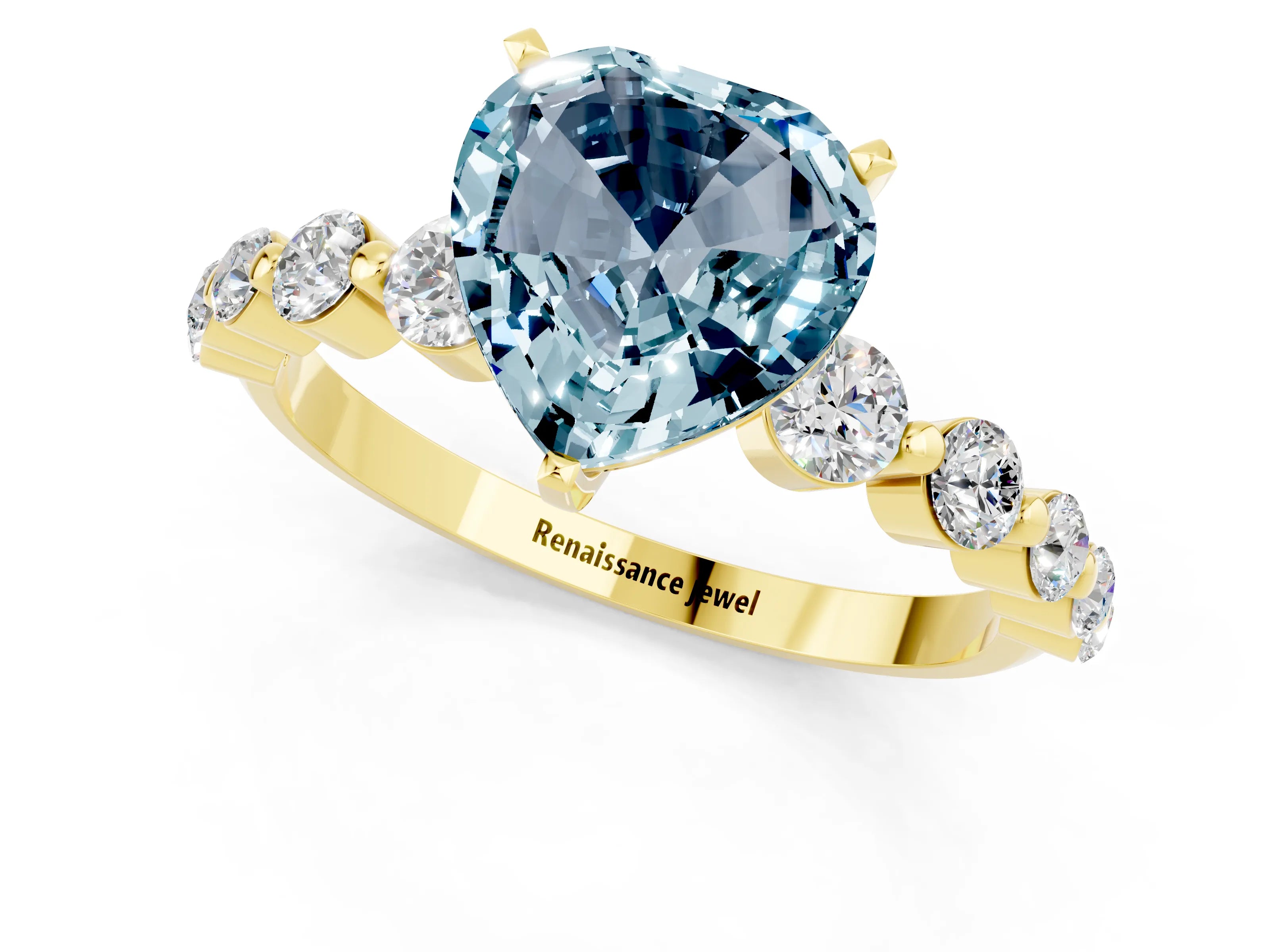 Yellow gold Heart Cut Solitaire Aquamarine Ring with Pave Band and Four-Prong Setting_1