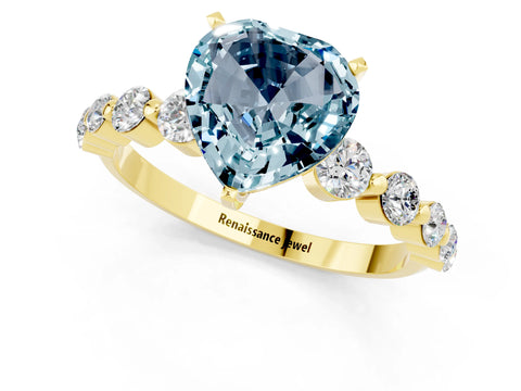 Yellow gold Heart Cut Solitaire Aquamarine Ring with Pave Band and Four-Prong Setting_1