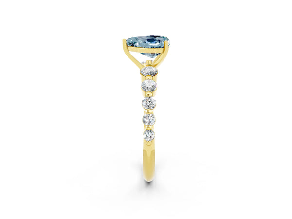 Yellow gold Heart Cut Solitaire Aquamarine Ring with Pave Band and Four-Prong Setting