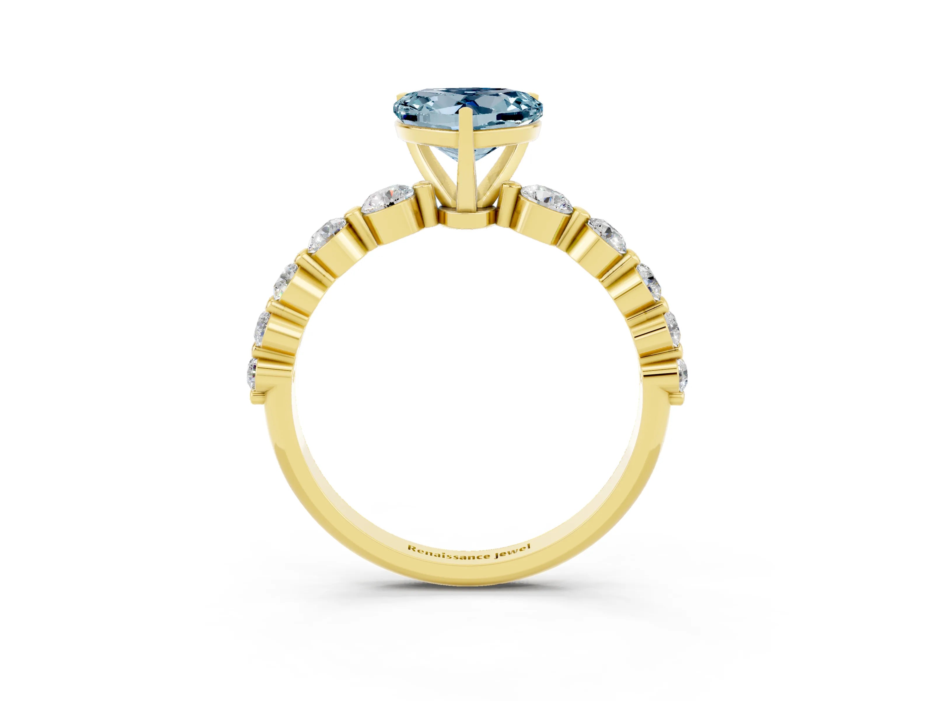 Yellow gold Heart Cut Solitaire Aquamarine Ring with Pave Band and Four-Prong Setting_3