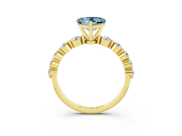 Yellow gold Heart Cut Solitaire Aquamarine Ring with Pave Band and Four-Prong Setting