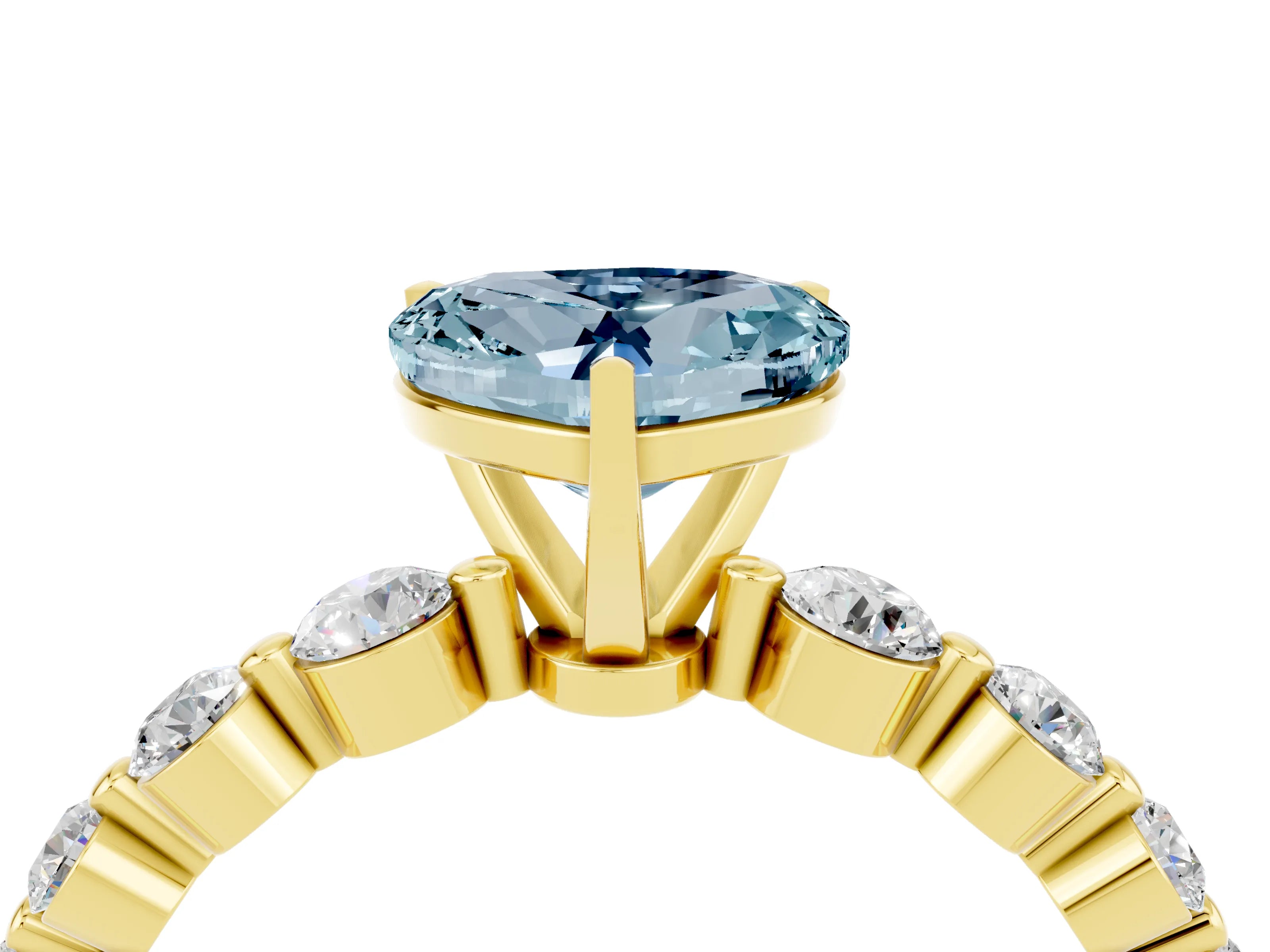 Yellow gold Heart Cut Solitaire Aquamarine Ring with Pave Band and Four-Prong Setting_4