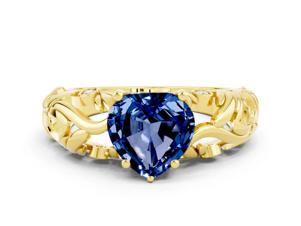 Yellow gold Heart Cut Solitaire Blue Sapphire Leaf-Inspired Vine Band Ring with Prong Setting