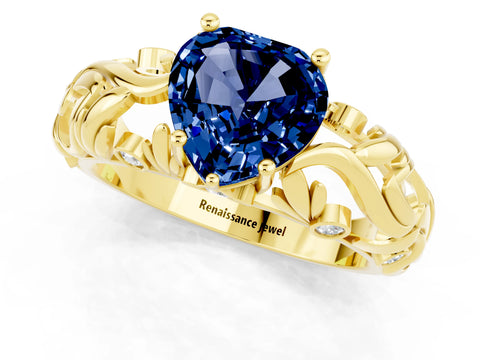 Yellow gold Heart Cut Solitaire Blue Sapphire Leaf-Inspired Vine Band Ring with Prong Setting_1