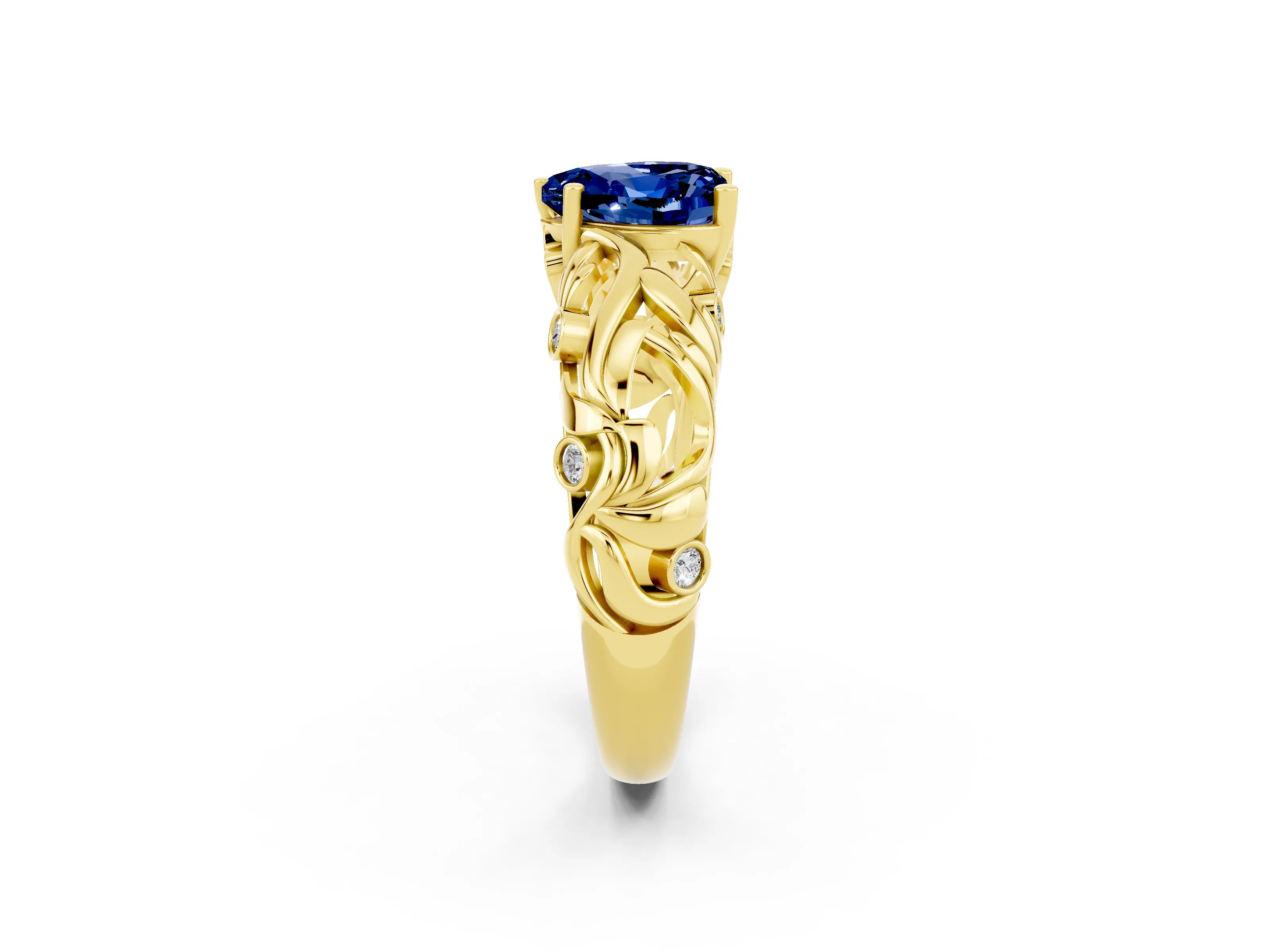 Yellow gold Heart Cut Solitaire Blue Sapphire Leaf-Inspired Vine Band Ring with Prong Setting_2