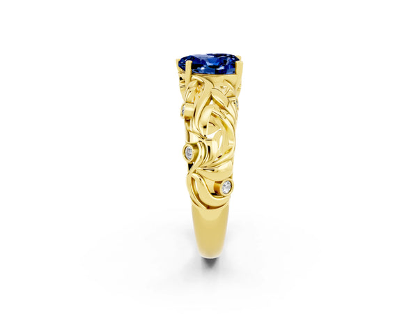 Yellow gold Heart Cut Solitaire Blue Sapphire Leaf-Inspired Vine Band Ring with Prong Setting