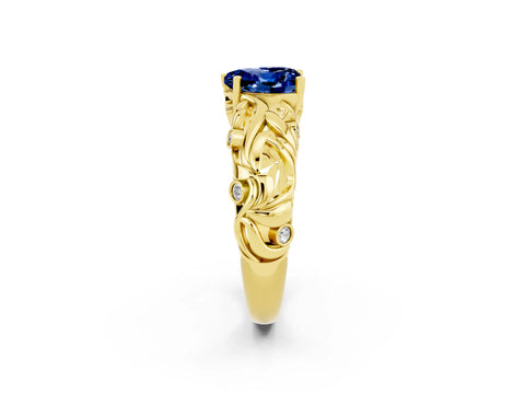 Yellow gold Heart Cut Solitaire Blue Sapphire Leaf-Inspired Vine Band Ring with Prong Setting_2