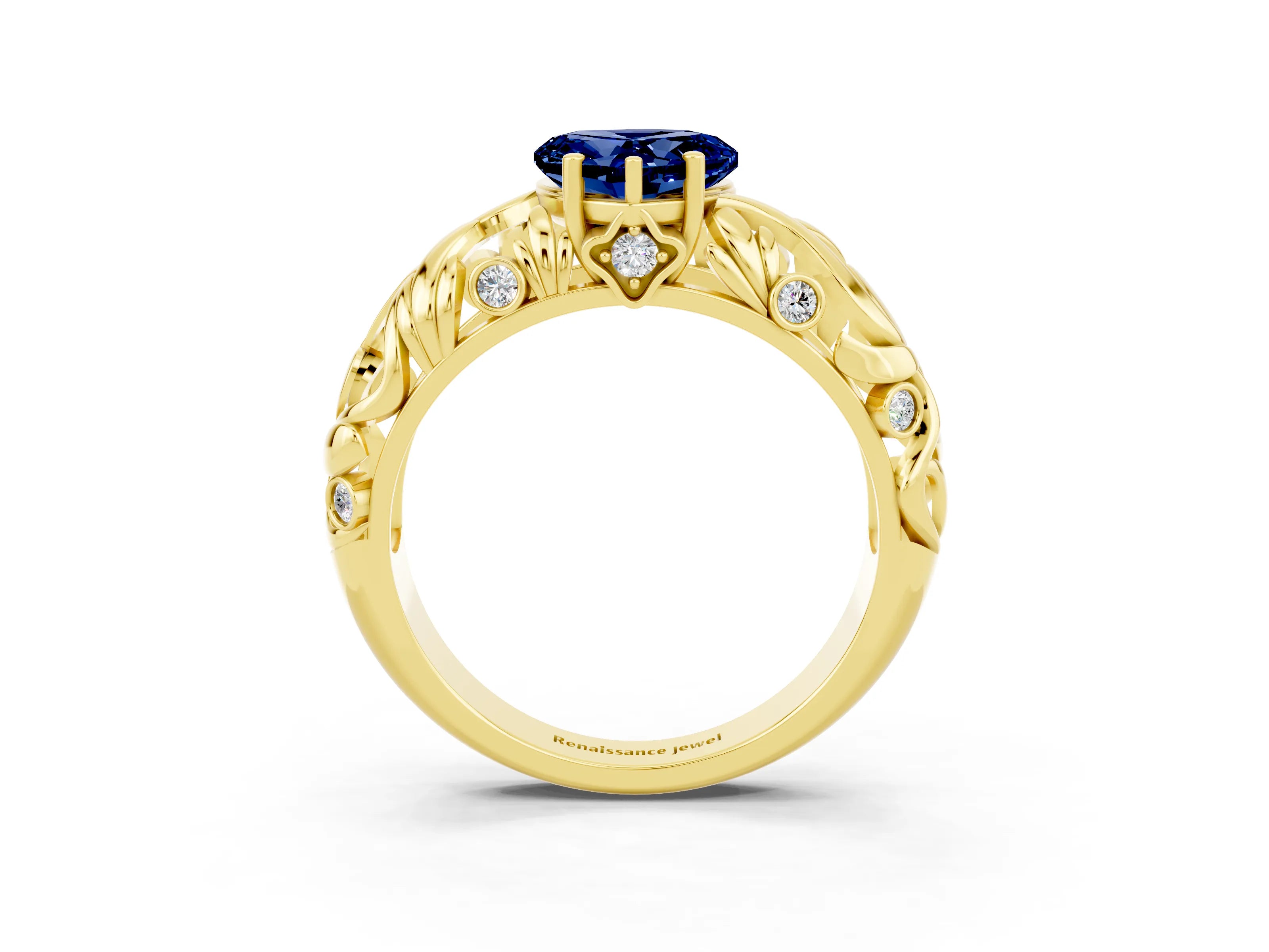 Yellow gold Heart Cut Solitaire Blue Sapphire Leaf-Inspired Vine Band Ring with Prong Setting_3