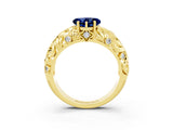 Yellow gold Heart Cut Solitaire Blue Sapphire Leaf-Inspired Vine Band Ring with Prong Setting_3