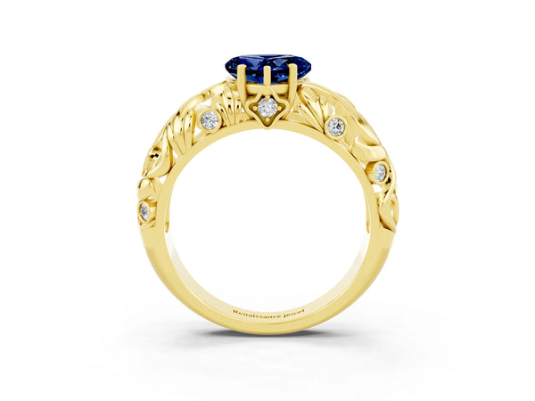 Yellow gold Heart Cut Solitaire Blue Sapphire Leaf-Inspired Vine Band Ring with Prong Setting