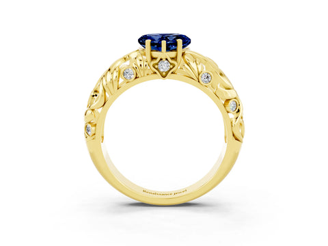 Yellow gold Heart Cut Solitaire Blue Sapphire Leaf-Inspired Vine Band Ring with Prong Setting_3