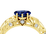 Yellow gold Heart Cut Solitaire Blue Sapphire Leaf-Inspired Vine Band Ring with Prong Setting_4