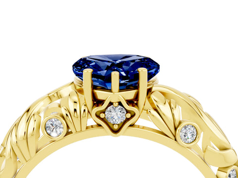 Yellow gold Heart Cut Solitaire Blue Sapphire Leaf-Inspired Vine Band Ring with Prong Setting_4