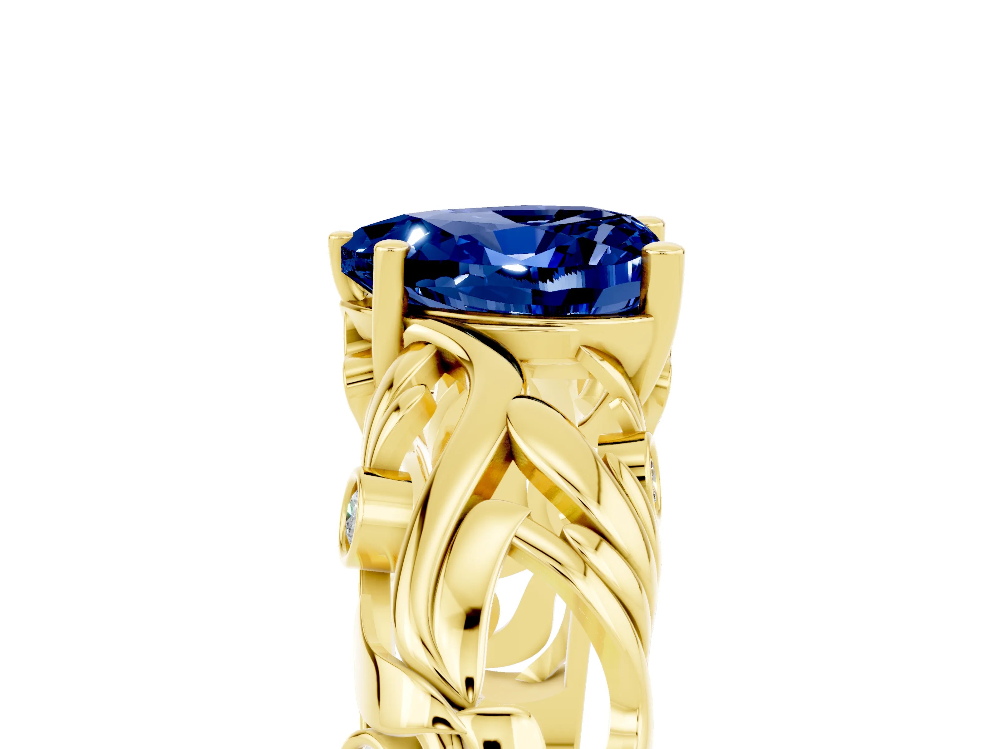 Yellow gold Heart Cut Solitaire Blue Sapphire Leaf-Inspired Vine Band Ring with Prong Setting_5