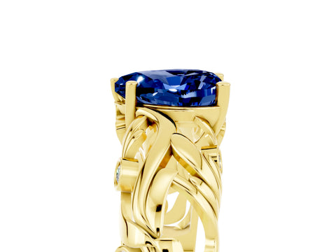 Yellow gold Heart Cut Solitaire Blue Sapphire Leaf-Inspired Vine Band Ring with Prong Setting_5