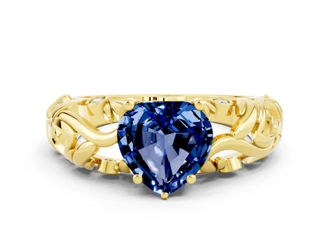 Yellow gold Heart Cut Solitaire Blue Sapphire Leaf-Inspired Vine Band Ring with Prong Setting