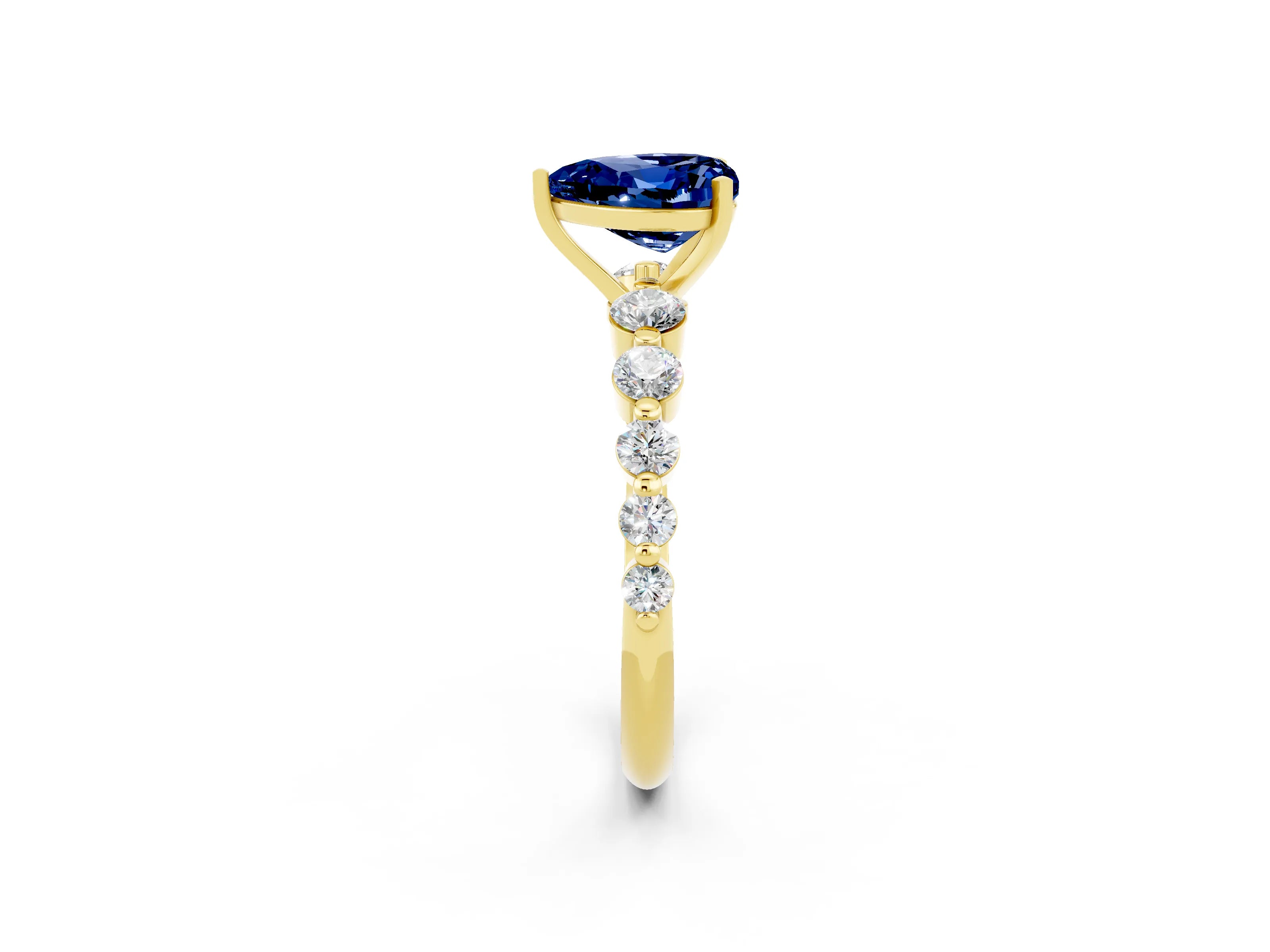 Yellow gold Heart Cut Solitaire Blue Sapphire Ring with Pave Band and Four-Prong Setting_2