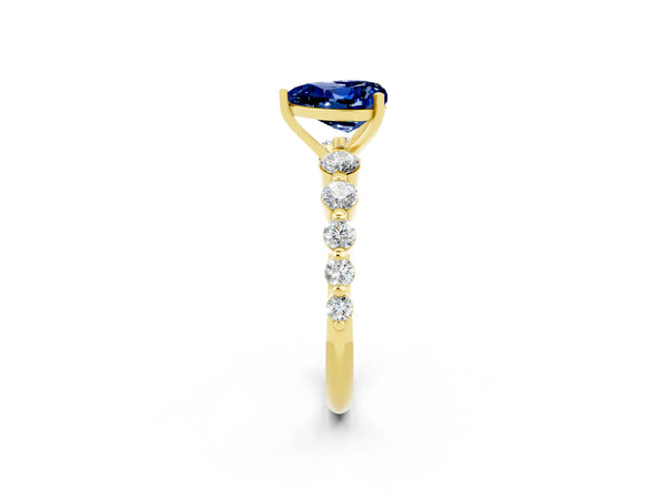 Yellow gold Heart Cut Solitaire Blue Sapphire Ring with Pave Band and Four-Prong Setting
