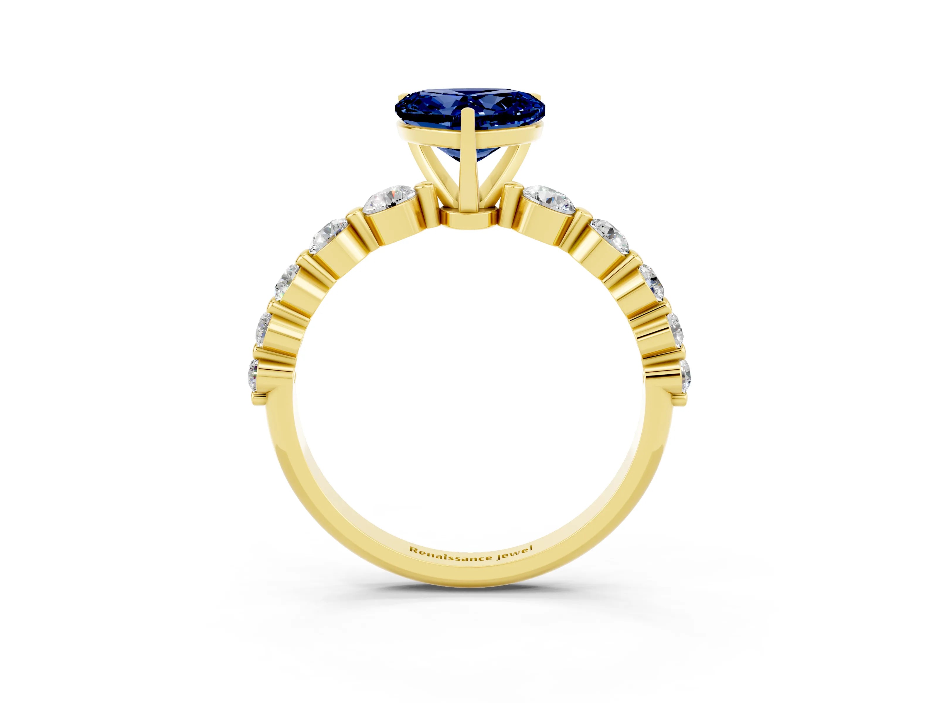 Yellow gold Heart Cut Solitaire Blue Sapphire Ring with Pave Band and Four-Prong Setting_3