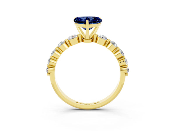 Yellow gold Heart Cut Solitaire Blue Sapphire Ring with Pave Band and Four-Prong Setting