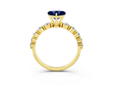 Yellow gold Heart Cut Solitaire Blue Sapphire Ring with Pave Band and Four-Prong Setting_3