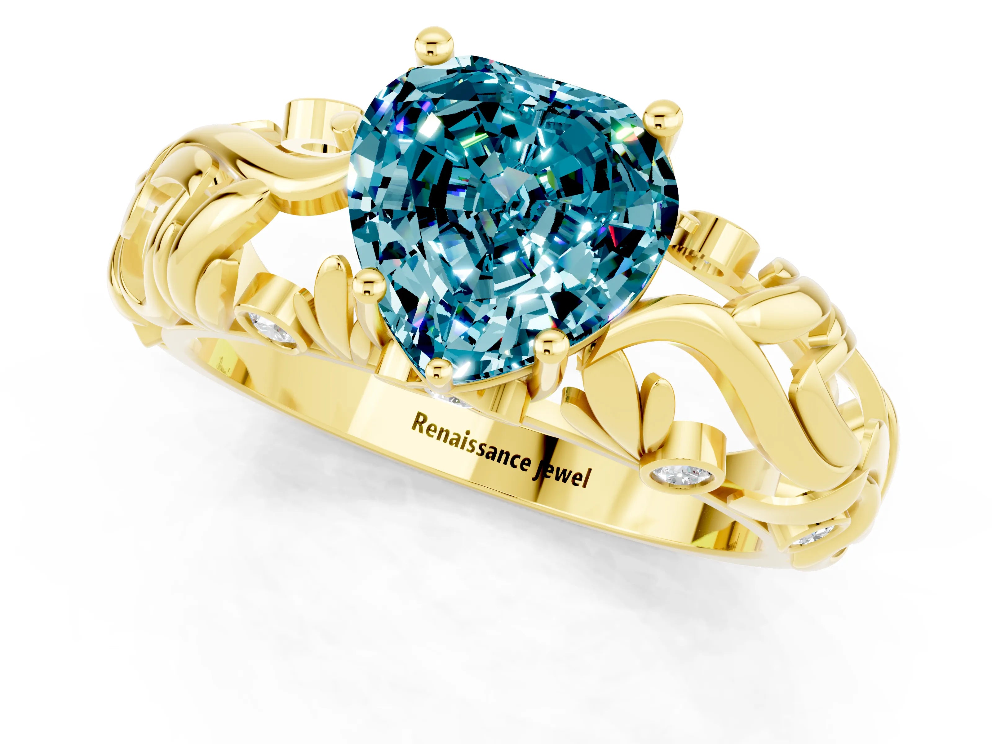 Yellow gold Heart Cut Solitaire Blue Topaz Leaf-Inspired Vine Band Ring with Prong Setting_1
