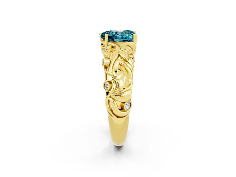 Yellow gold Heart Cut Solitaire Blue Topaz Leaf-Inspired Vine Band Ring with Prong Setting_2