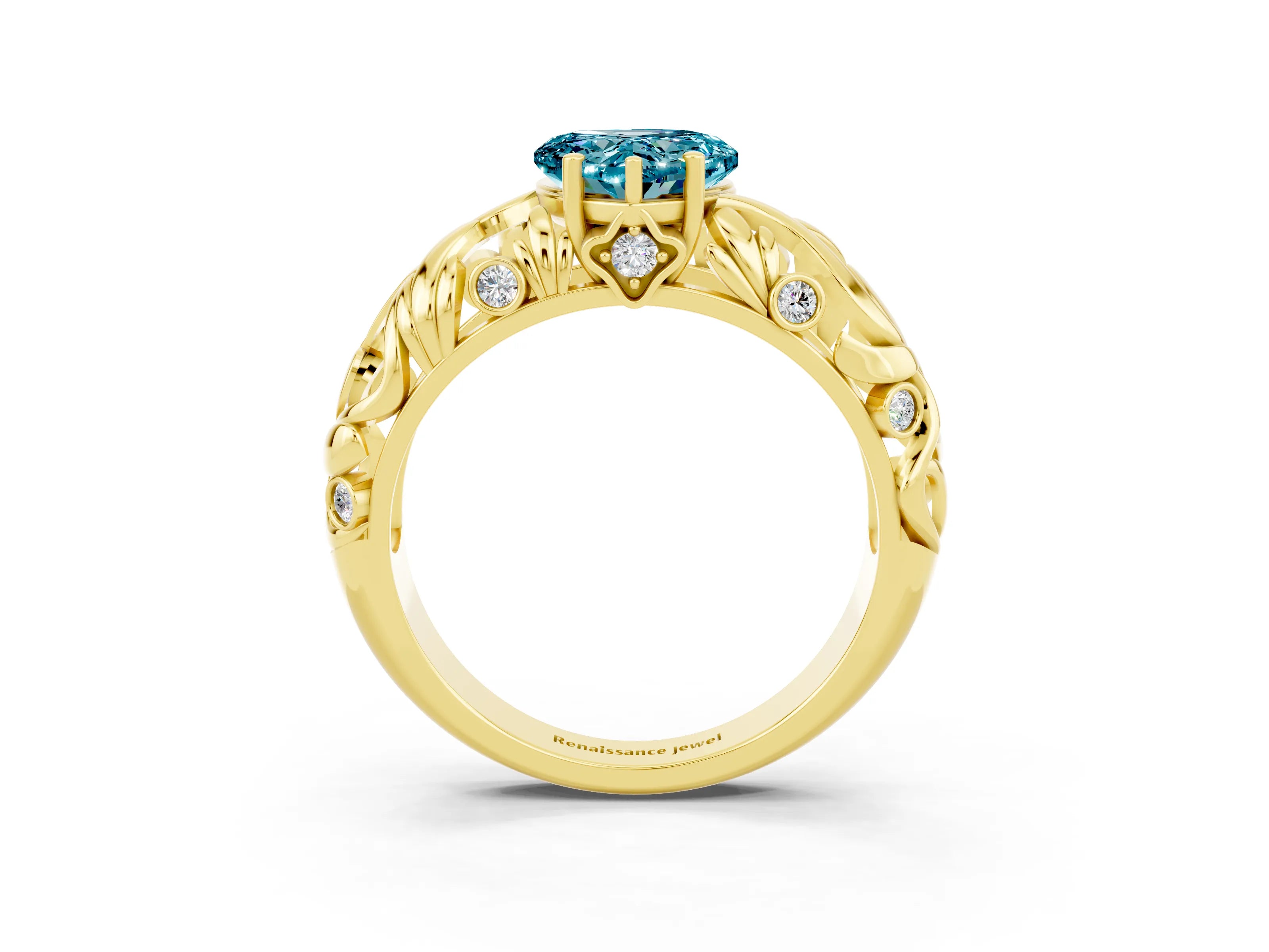 Yellow gold Heart Cut Solitaire Blue Topaz Leaf-Inspired Vine Band Ring with Prong Setting_3