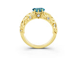 Yellow gold Heart Cut Solitaire Blue Topaz Leaf-Inspired Vine Band Ring with Prong Setting_3