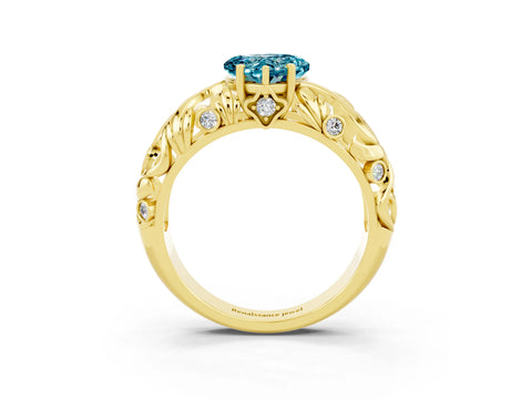 Yellow gold Heart Cut Solitaire Blue Topaz Leaf-Inspired Vine Band Ring with Prong Setting_3