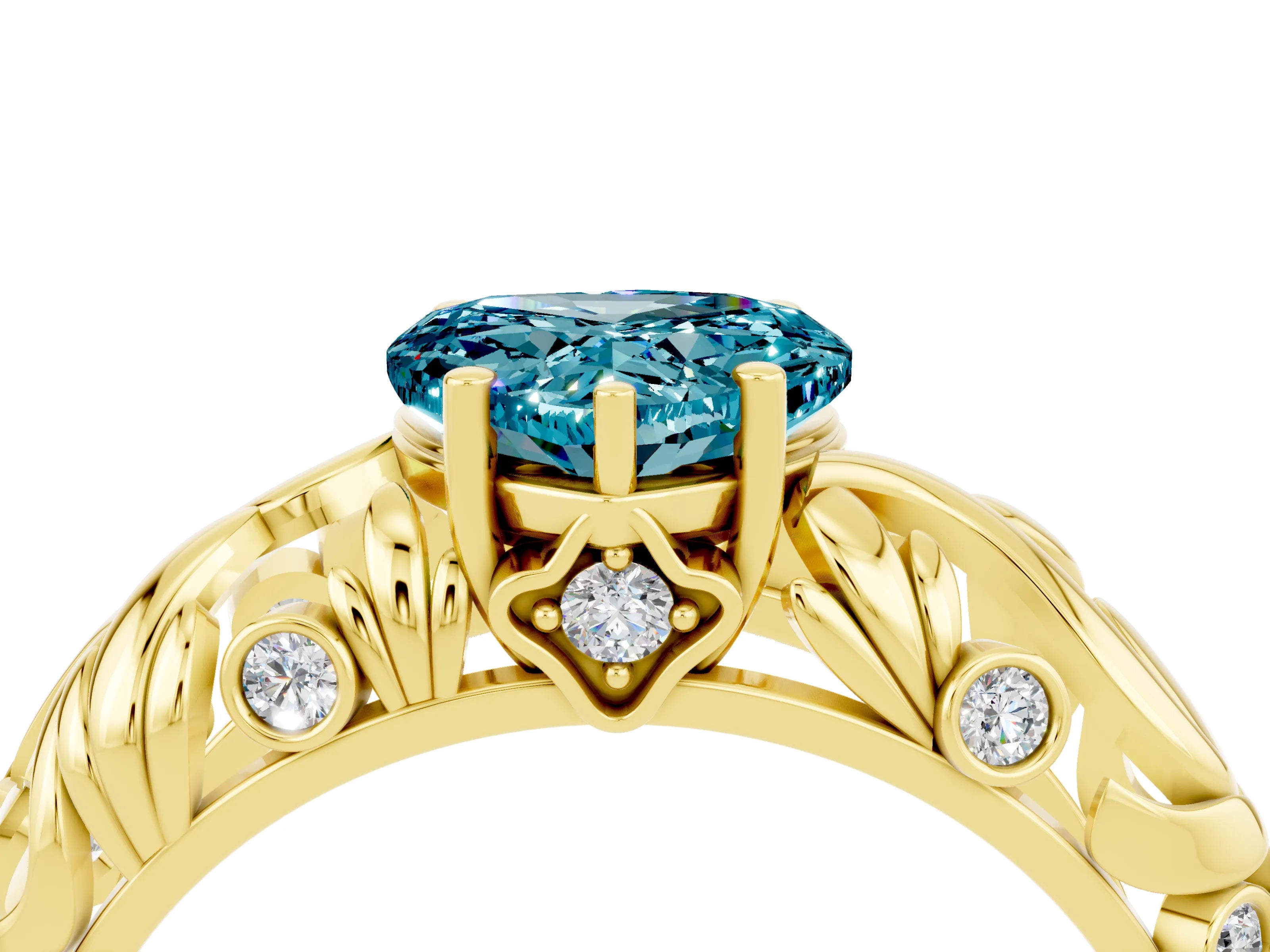 Yellow gold Heart Cut Solitaire Blue Topaz Leaf-Inspired Vine Band Ring with Prong Setting_4