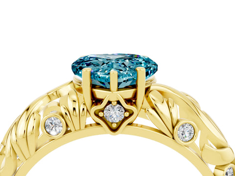 Yellow gold Heart Cut Solitaire Blue Topaz Leaf-Inspired Vine Band Ring with Prong Setting_4