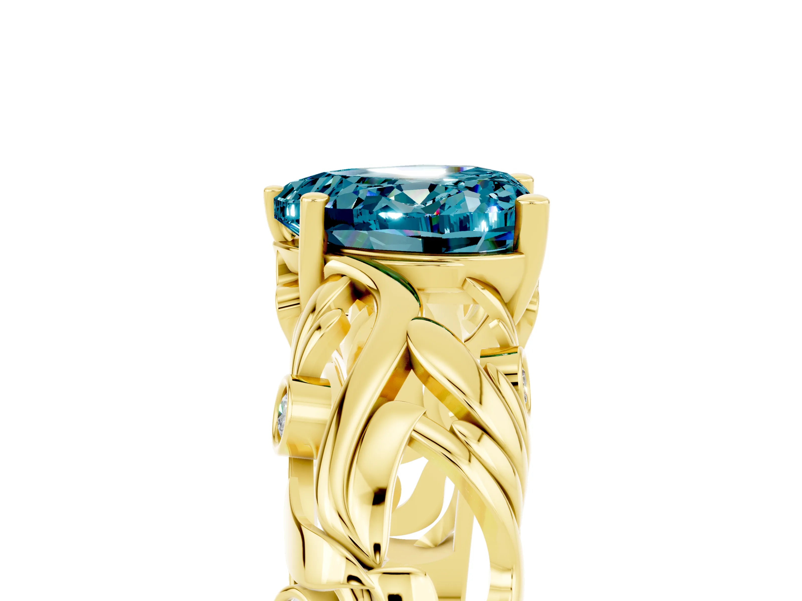 Yellow gold Heart Cut Solitaire Blue Topaz Leaf-Inspired Vine Band Ring with Prong Setting_5