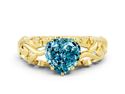 Yellow gold Heart Cut Solitaire Blue Topaz Leaf-Inspired Vine Band Ring with Prong Setting