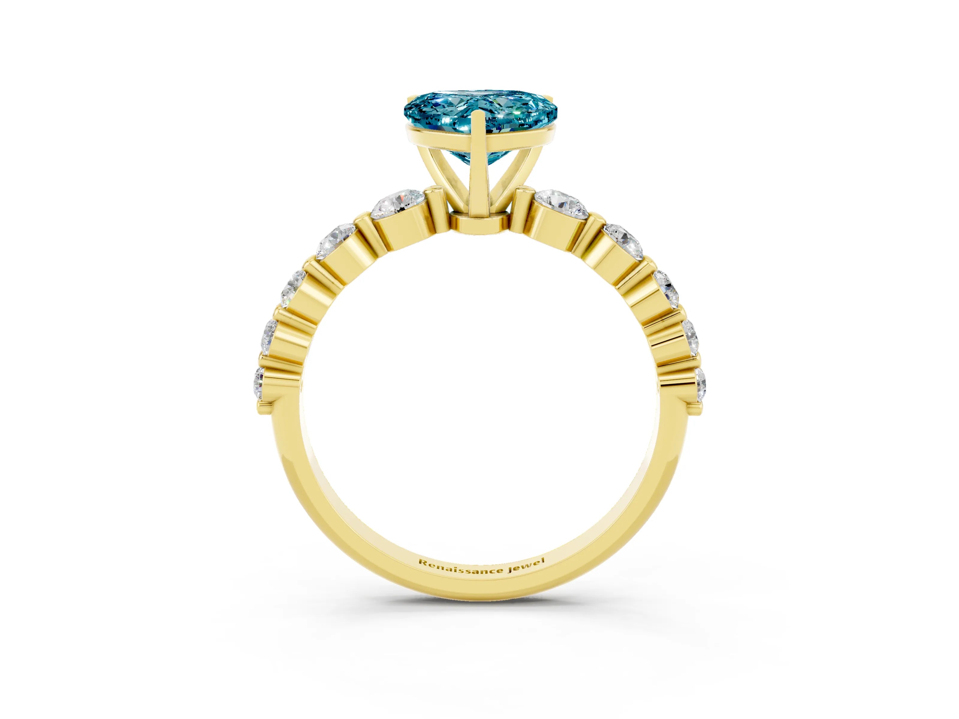 Yellow gold Heart Cut Solitaire Blue Topaz Ring with Pave Band and Four-Prong Setting_3