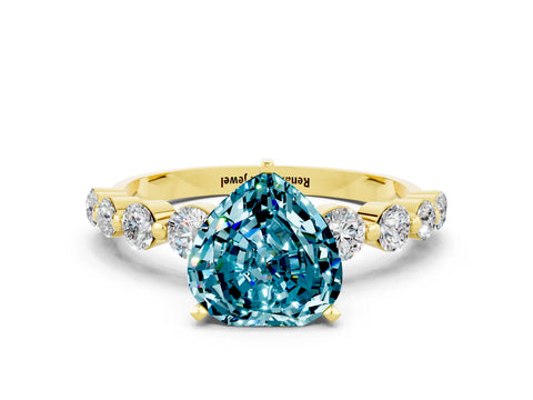 Yellow gold Heart Cut Solitaire Blue Topaz Ring with Pave Band and Four-Prong Setting