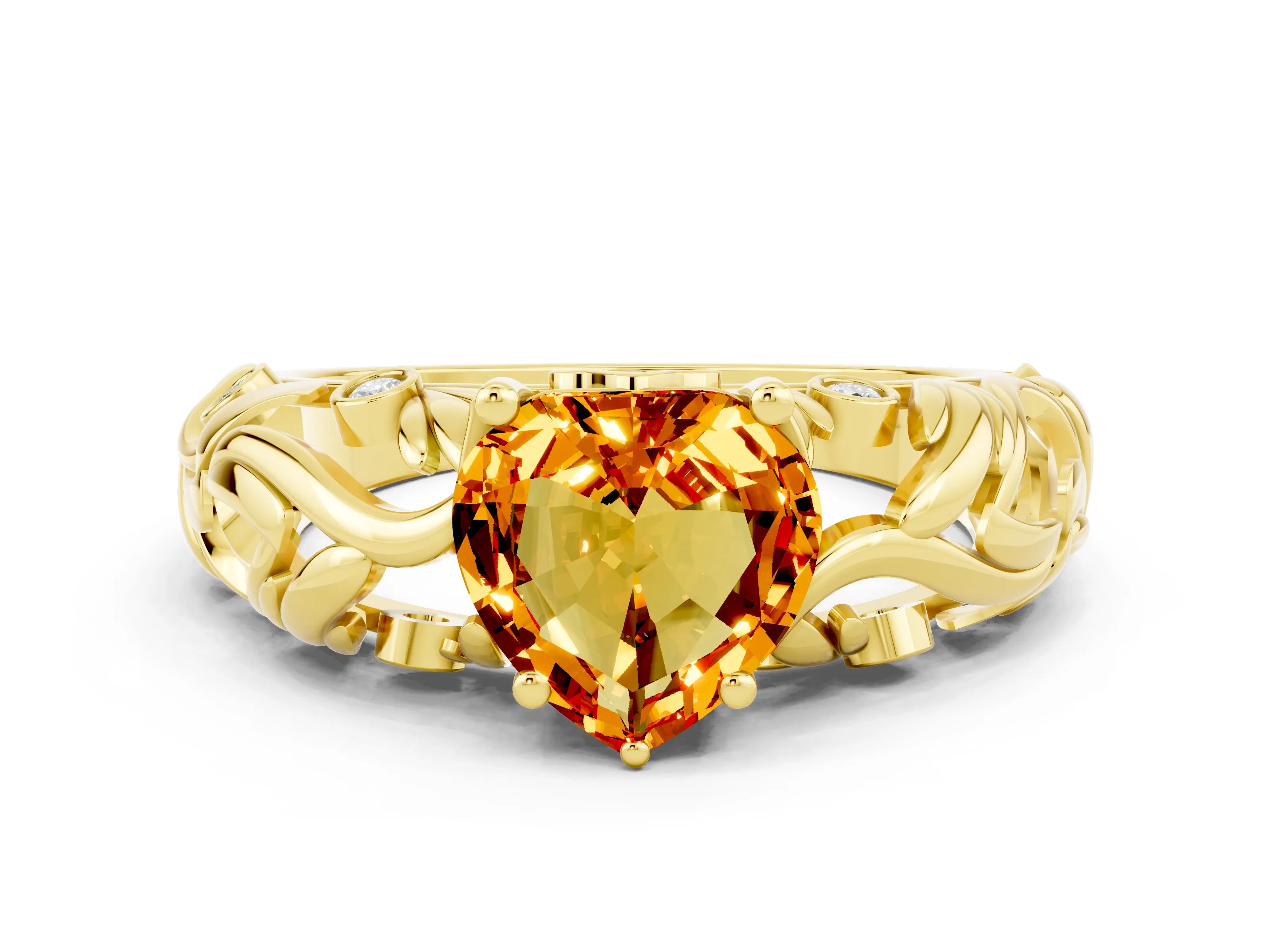 Yellow gold Heart Cut Solitaire Citrine Leaf-Inspired Vine Band Ring with Prong Setting