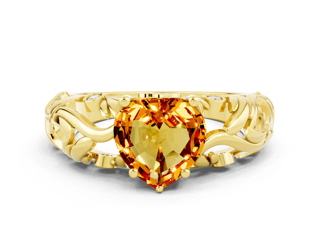 Yellow gold Heart Cut Solitaire Citrine Leaf-Inspired Vine Band Ring with Prong Setting