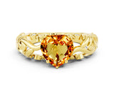 Yellow gold Heart Cut Solitaire Citrine Leaf-Inspired Vine Band Ring with Prong Setting