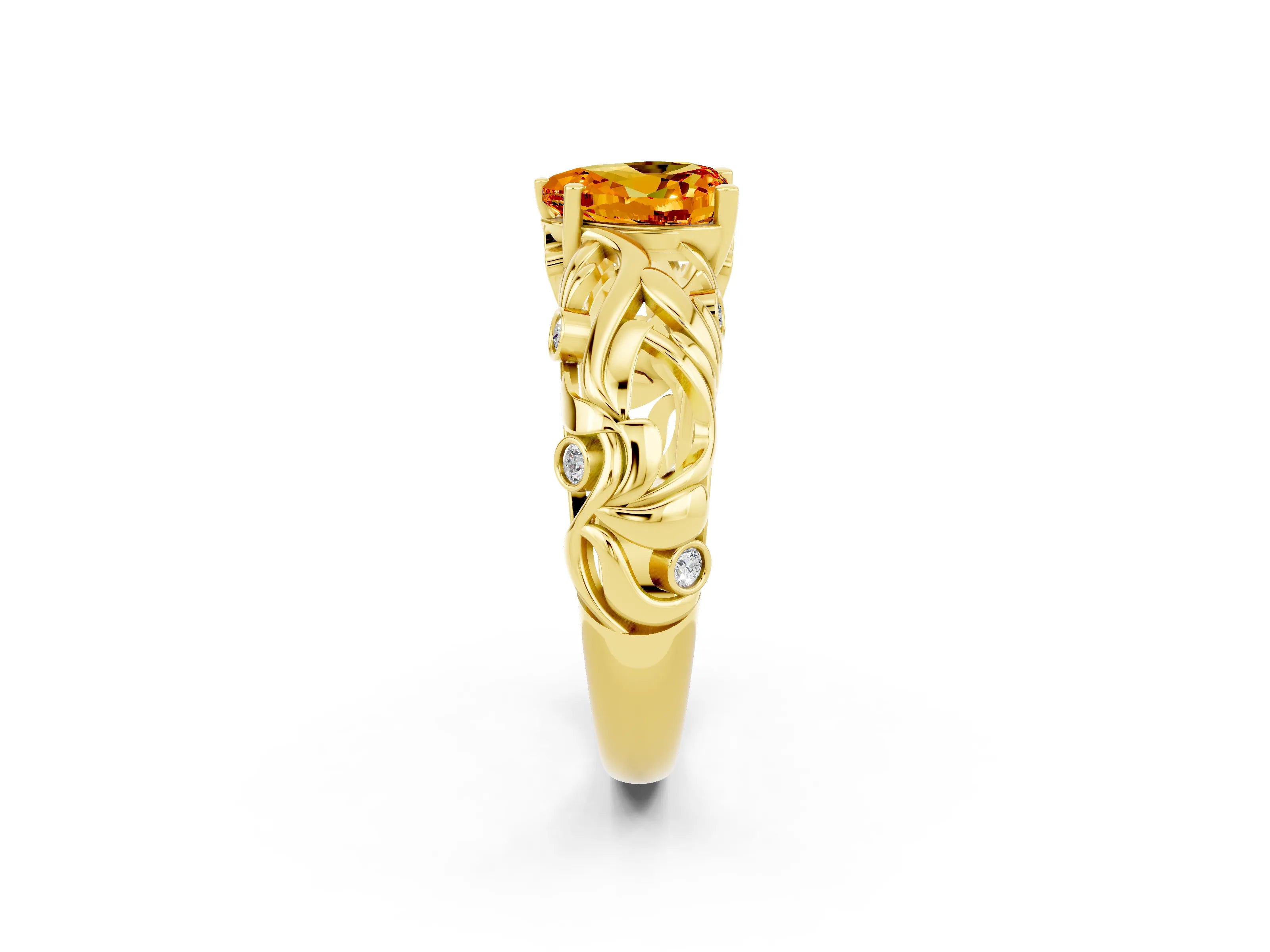 Yellow gold Heart Cut Solitaire Citrine Leaf-Inspired Vine Band Ring with Prong Setting_2