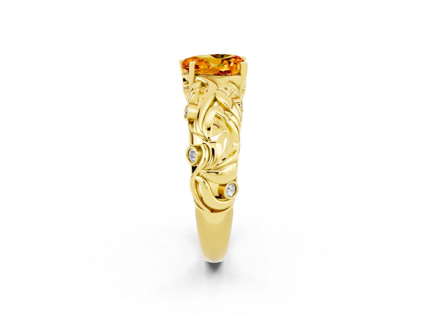 Yellow gold Heart Cut Solitaire Citrine Leaf-Inspired Vine Band Ring with Prong Setting