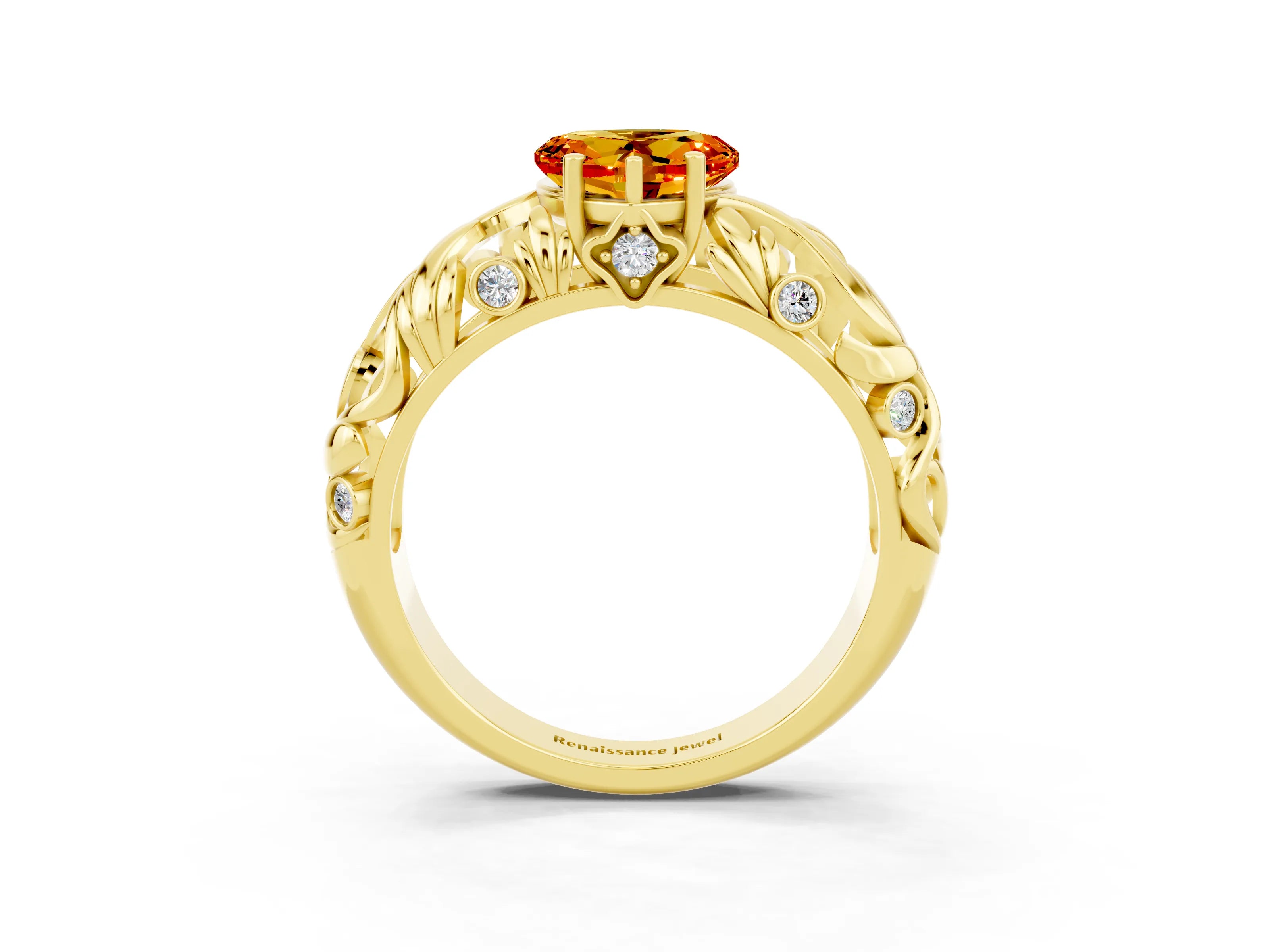 Yellow gold Heart Cut Solitaire Citrine Leaf-Inspired Vine Band Ring with Prong Setting_3