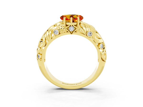 Yellow gold Heart Cut Solitaire Citrine Leaf-Inspired Vine Band Ring with Prong Setting