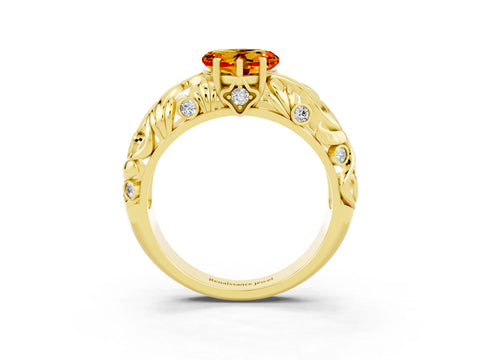 Yellow gold Heart Cut Solitaire Citrine Leaf-Inspired Vine Band Ring with Prong Setting_3