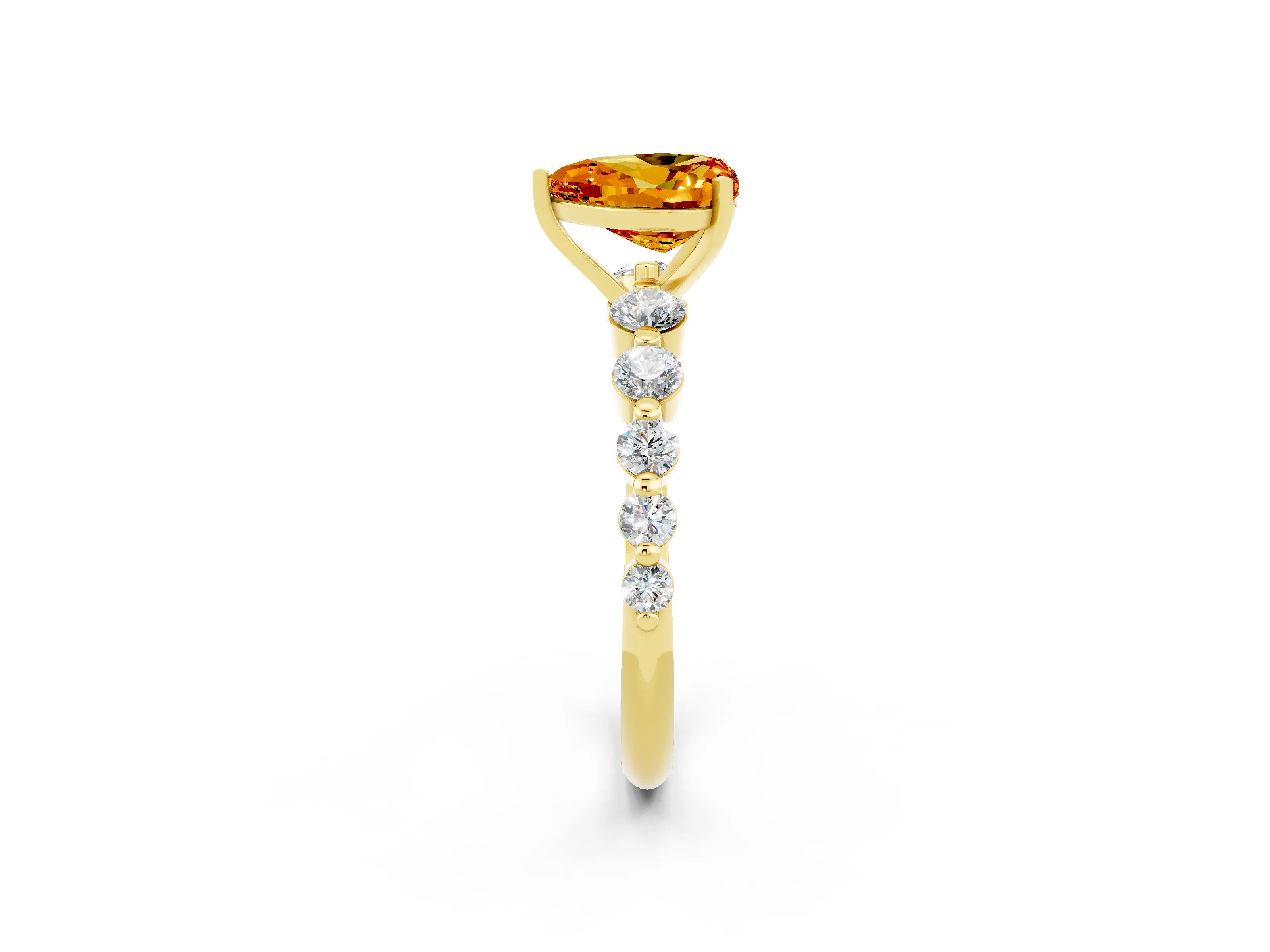 Yellow gold Heart Cut Solitaire Citrine Ring with Pave Band and Four-Prong Setting_2
