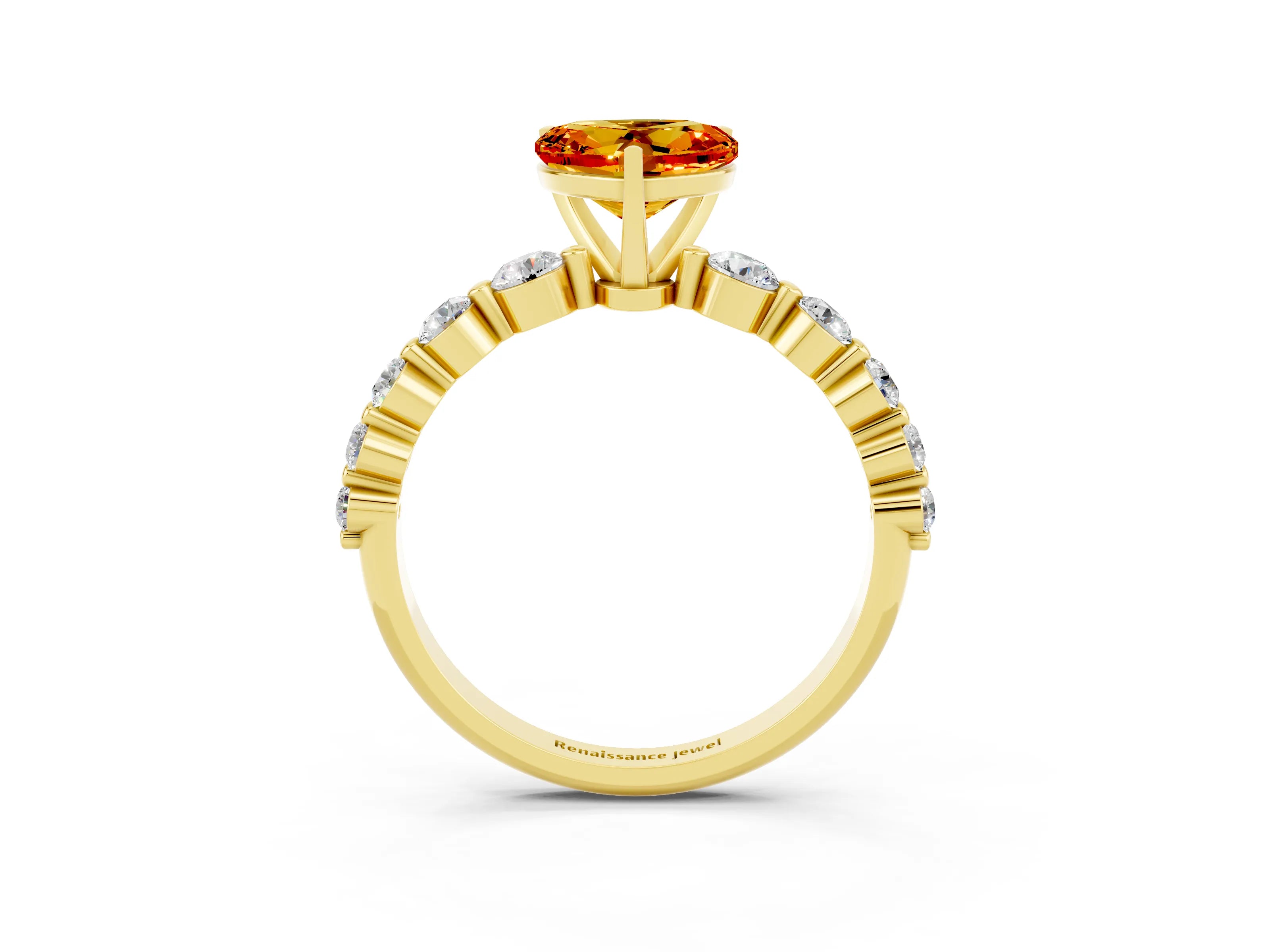 Yellow gold Heart Cut Solitaire Citrine Ring with Pave Band and Four-Prong Setting_3