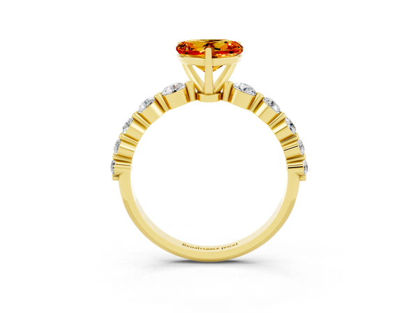 Yellow gold Heart Cut Solitaire Citrine Ring with Pave Band and Four-Prong Setting
